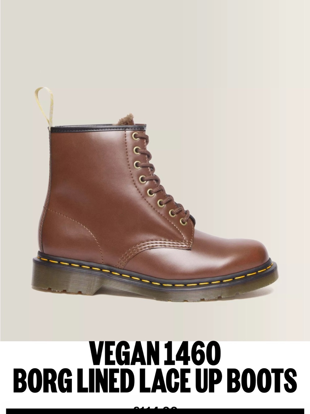 Dr. Martens Brown Vegan 1460 Lace-Up Boots with Yellow Stitching